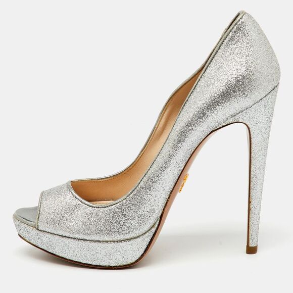 Prada Silver Glitter Fabric Peep Toe Platform Pumps Size 37.5,New Products : American Fashion Style Bags On Sale